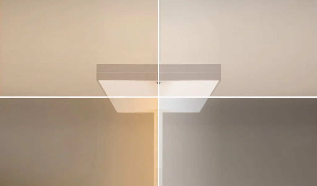 A luminaire shown in different colour temperatures